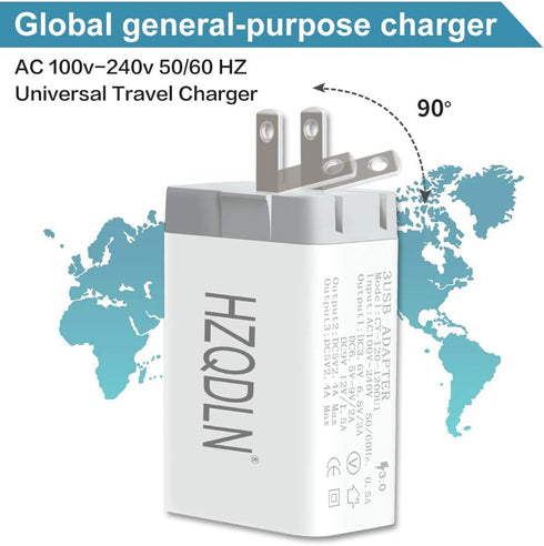 Fast Wall Charger QC 3.0 USB Quick Charge, 3 Ports Tablet iPad Phone Charger Adapter, Travel Plug