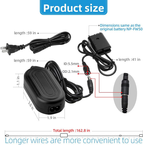 AC-PW20 AC Power Adapter NP-FW50 Dummy Battery for Sony Alpha ZV-E10, A7, A7R, A7S, A7II, A7RII, A7SII, A6500, A6400,