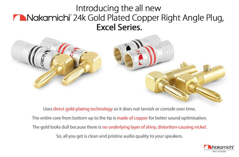 Nakamichi Excel Series 24k Gold Plated Right Angle Banana Plug 12-18 AWG 4mm for Speakers, 8 Pcs (4-Pairs)