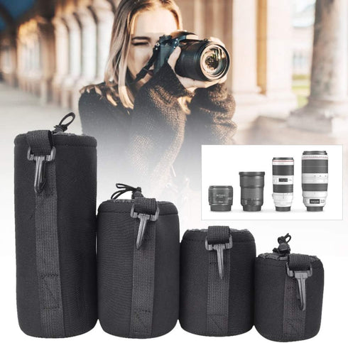 Lens Pouch Set, 4PCS S M L XL Camera Storage Bags Portable Neoprene Black Elastic Shock Absorption DSLR Cover Pouch