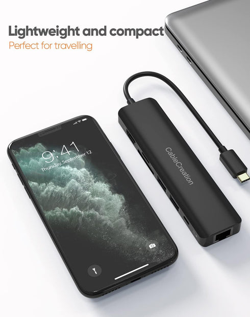 USB C Hub with Ethernet, CableCreation 7 in 1 4k@60Hz HDMI Multiport Adapter with 100W PD, 2 USB 3.0 Ports
