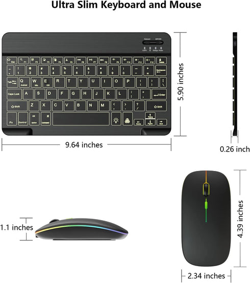 Backlit Bluetooth Keyboard and Mouse Combo, Ultra Slim Wireless for iPad Air Pro Mini, iPhone, Android, Rechargeable,