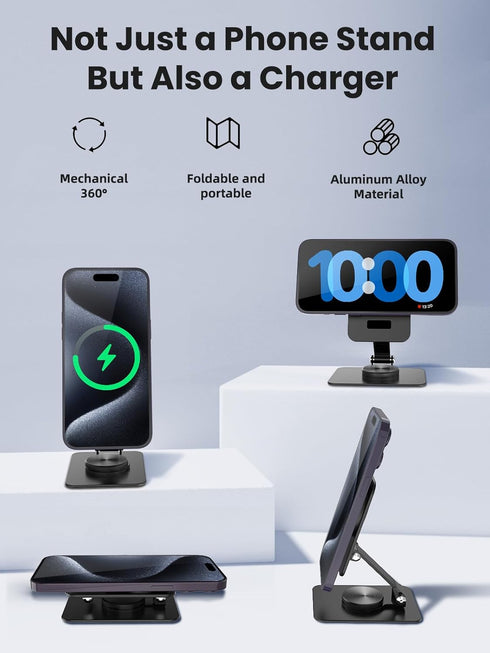 15W MagSafe Charger, Compatible Charging Stand with 360° Rotation, Adjustable Foldable Wireless Charger for iPhone 15