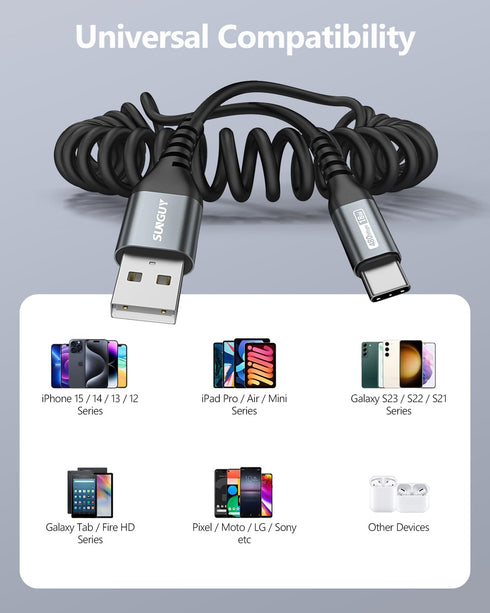 SUNGUY Coiled USB C Cable 3.3FT, USB A to USB C Charger Cable for Car, Android Auto Fast Charging Cord Compatible with