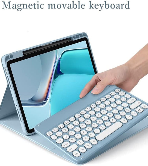 Mist Blue Keyboard Case with Removable Cute Round Key Bluetooth Mouse for iPad 9th 8th 7th Generation Air 3rd Gen Pro