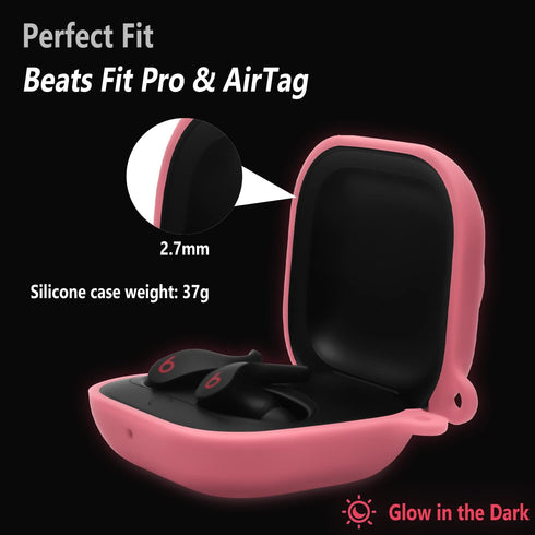 Geiomoo 2 in 1 Silicone Case for Beats Fit Pro and Air Tag, Protective Cover with Carabiner (Luminous Pink)