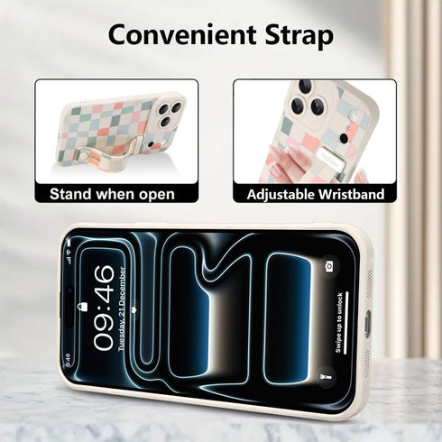 Jefonha 17 Case for iPhone Pro Silicone Phone Case with Strap for Women Girls Cute Aesthetic Checkered Checkerboard