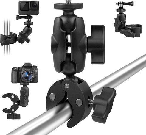 Super Camera Clamp Mount Double Socket Arm with 1/4"-20 Ball Head for GoPro, DSLR, LED Lights