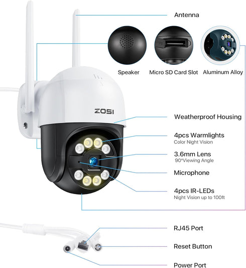 ZOSI 2K WiFi Pan/Tilt Security Camera, 3MP Outdoor Home PT Camera with Auto Tracking, 2-Way Audio, Night Vision