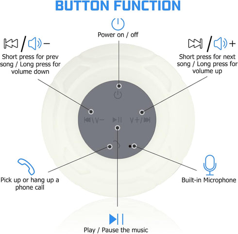 Waterproof Bluetooth Shower Speaker, Portable Wireless Water-Resistant Speaker with Built-in Mic, Suction Cup for