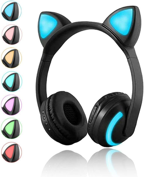 Wireless Cat Ear Headphones, Bluetooth Headset with Mic, 7 Colors LED Light Flashing, Glowing On-Ear Stereo Headset