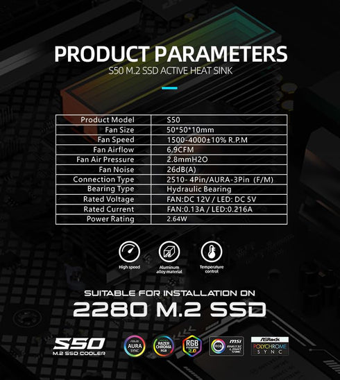 M.2 2280 ARGB Hard Drive Heatsink PWM Dual Fan, SSD Cooling with Thermal Pad, 5V 3Pin Addressable RGB Sync
