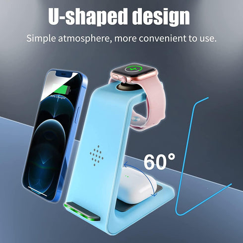 Wireless Charging Station, 3 in 1 Fast Charger Stand Dock for iPhone 15/15 Plus/15 Pro Max/14/13/13 Pro/12/11/XR/XS