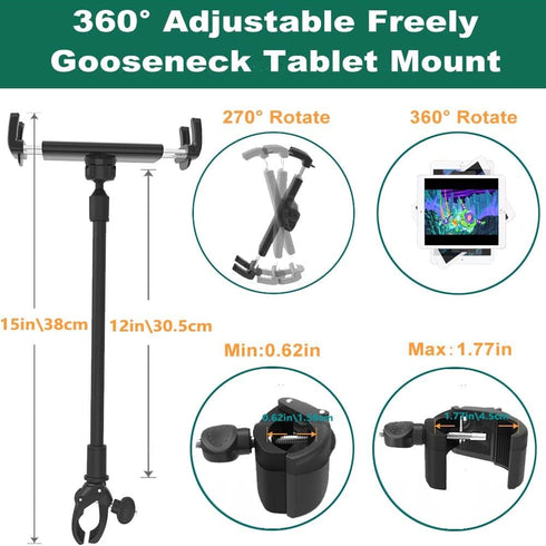 Tablet Holder Spin Bike Mount for 4-13" iPad Phone, 360° Gooseneck Stand for Treadmill and Exercise Bicycle