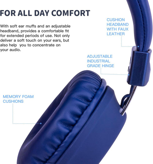 Kids Headphones Wired for School with Microphone, Lightweight Foldable for School Age Kids with in-Line Control (Blue)