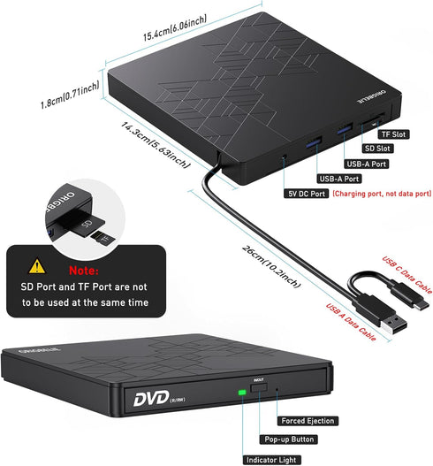 External DVD Drive, USB 3.0 Type C CD/DVD ROM +/-RW Adapter for Laptop PC, Compatible with Mac Windows