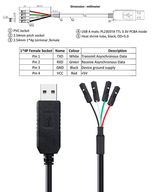 DTech USB to TTL Serial Adapter 3.3V Debug Cable TX RX Signal 4 Pin Female Socket (3ft, Black)