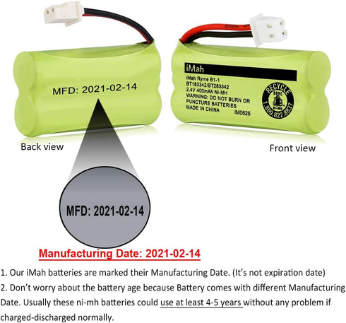 iMah BT183342/BT283342 2.4V 400mAh Ni-MH Battery, 2-Pack Compatible with AT&T and VTech Handsets