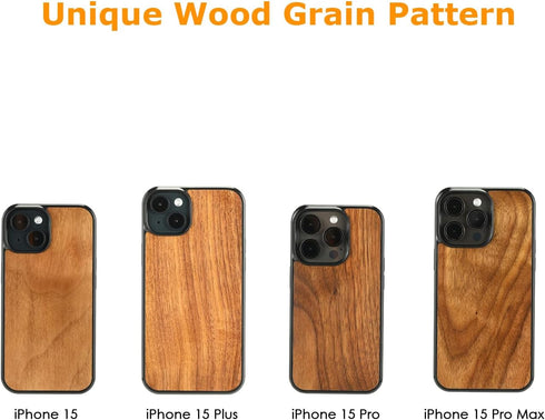 molzar Grip Series Magnetic Case for iPhone 15 Pro | Black/Walnut Wood | Built-in Magnet Ring | MagSafe Compatible