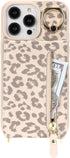 iPhone 13 Pro Max Case Wallet with Card Holder for Women, Crossbody with Strap, Kickstand Zipper Case - Rice Leopard