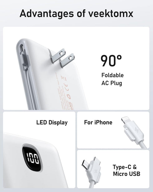 VEEKTOMX 10000mAh, Pack 17/16/15/14, Portable Charger with Built in Cables Power Bank for iPhone with AC Wall Plug