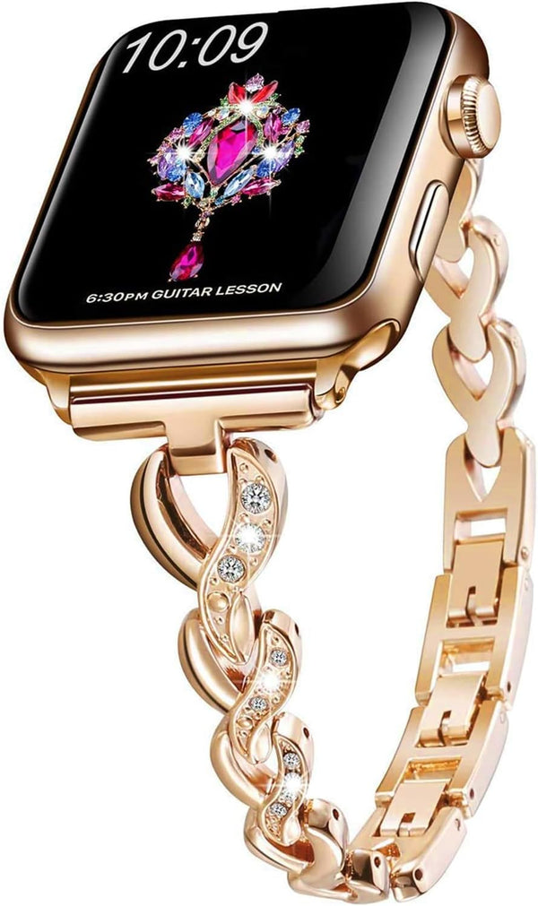 Dainty Heart Bands for Apple Watch 38mm 40mm 41mm 42mm, Adjustable Bling Metal Strap for Women, Rose Gold