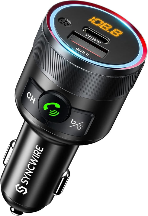 Syncwire Bluetooth 5.3 FM Transmitter for Car, 38W PD&QC3.0 Dual USB Charging Adapter with Hands-free Calling and Music