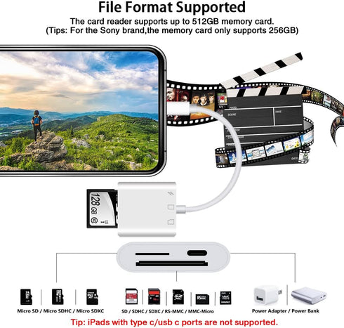 SD Card Reader for iPhone iPad, Micro SD Card Reader, Plug and Play Adapter for Simultaneous Charging and Reading