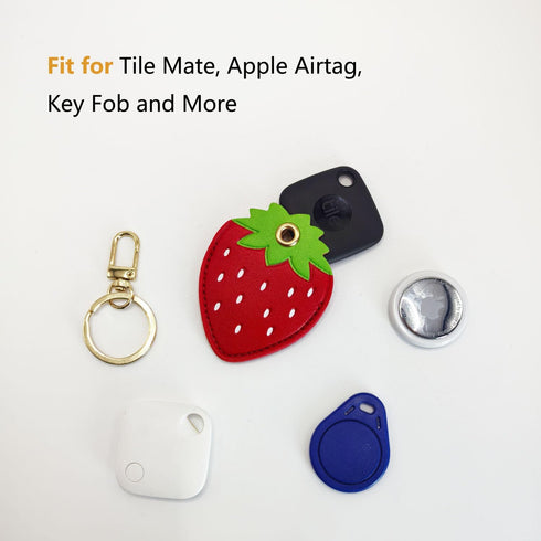 Cute Leather Keychain Case for Apple AirTag, Tile Mate, Galaxy SmartTag, eufy SmartTrack Link (strawberry)