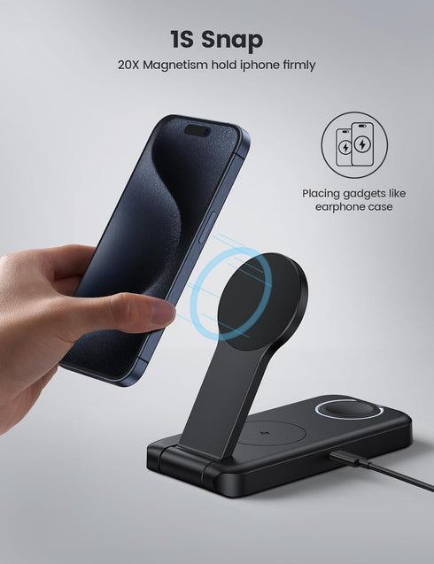 Lamicall 3 in 1 Charging Station for Apple, Magnetic Foldable Wireless Charger Stand, Fast Charging Station for iPhone