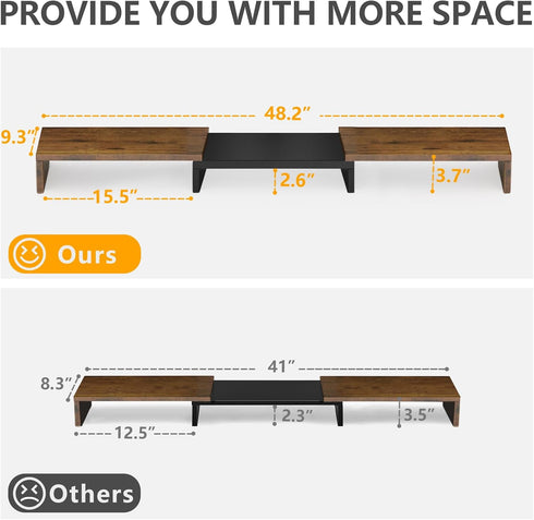 TAVR Dual Monitor Stand Riser, Extra Long Desktop Organizer for 2 Monitors, Max 48.2" Length, Rustic Brown