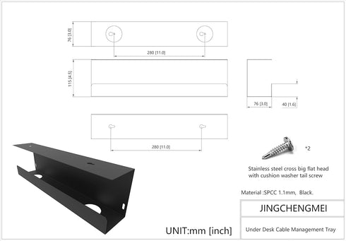 Jingchengmei Under Desk Cable Management Tray - 17-Inch Power Strip Holder, Metal Cord Organizer, Black