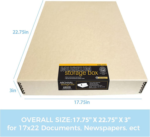 Lineco 17x22 Tan Museum Archival Storage Box, Acid-Free Drop Front Design with Metal Edge for Organizing Photos or