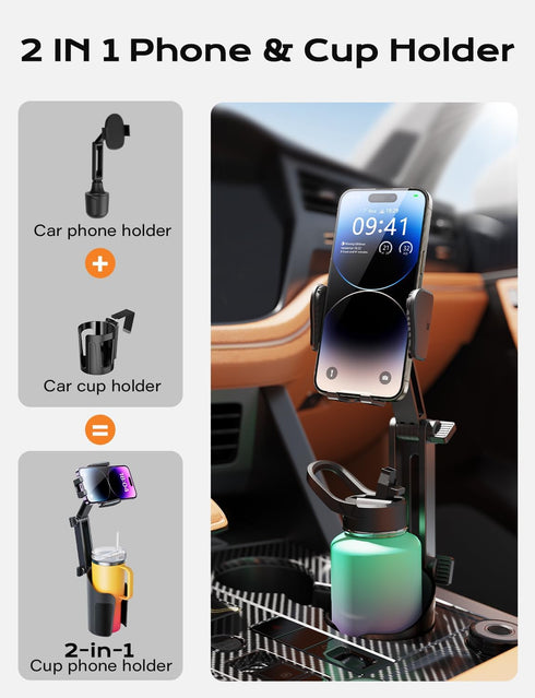 2-in-1 Cup Holder Phone Holder for Car, Adjustable Sturdy Fit for 4-7 inches Phones, Bottle Friendly