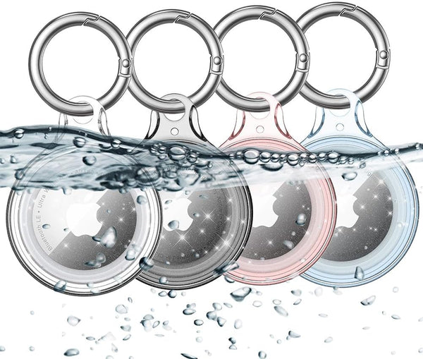 COOLQO IPX8 Waterproof Airtag Holder, Hard PC Keychain Case for Apple AirTags, Glitter 4 Pack AirTags Key Ring Cases