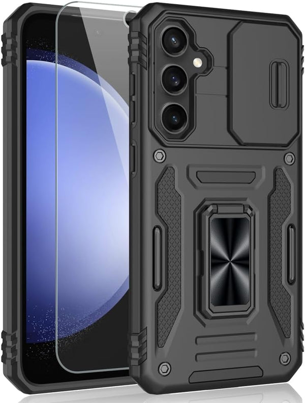 for Samsung Galaxy S23 FE Case, Shockproof Phone Case & Sliding Camera Cover & Ring Holder Kickstand with Screen