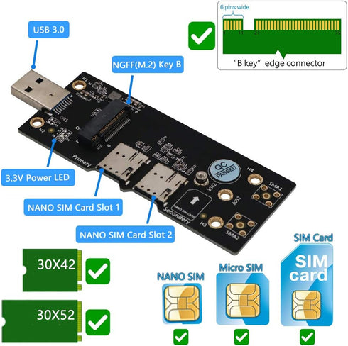 NGFF(M.2) to USB 3.0 Adapter, Dual Nano SIM Card Slot for 3G/4G/5G Module