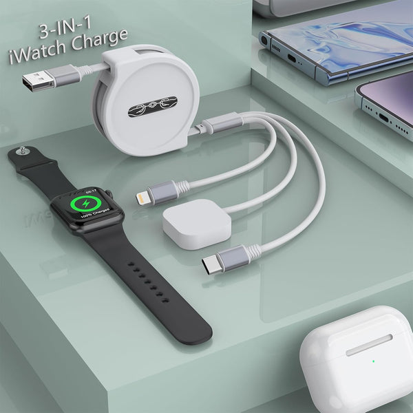 Multi 3-in-1 Retractable Universal Phones Charging Cable + Apple Watch Charger Cord, USB A to Lightning + Type C +