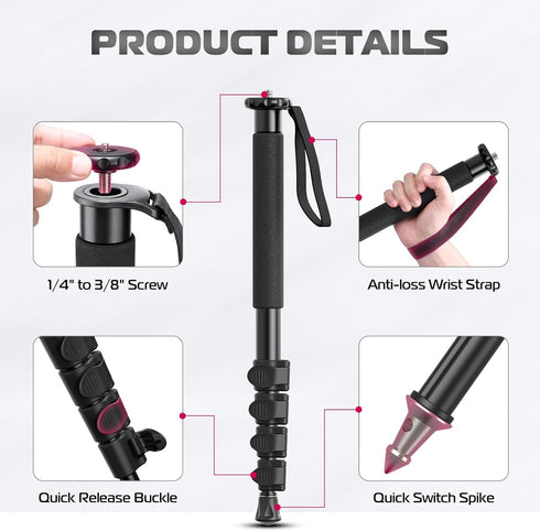 ULANZI TB12 Camera Monopod, 61" Aluminum Photography Monopod with 5-Section Height, Lightweight & Portable Camera Accessories, for Cameras Canon, Nikon & Sony Mirrorless & DSLR, Easy to Carry
