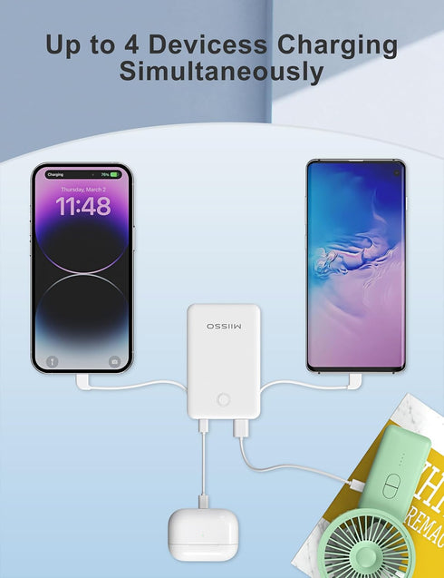 miisso 6000mah Ultra Slim Power Bank, Card Size Built in USB C Cords Battery Pack, Portable Charger for Phones, Snow