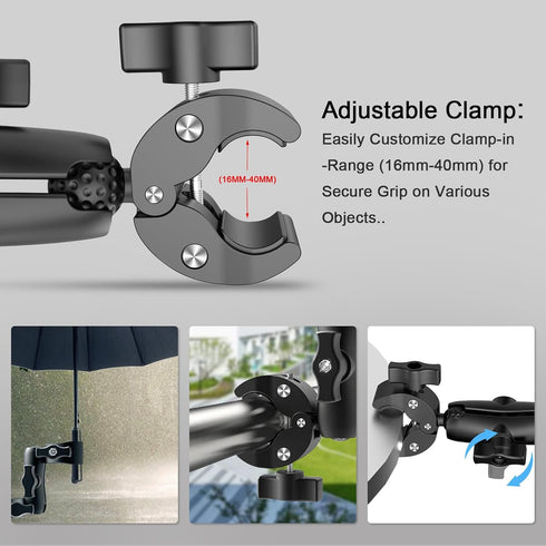 Double Clamp Camera Mount, Universal Bracket for Golf Carts, Umbrella, Strollers, Photo Studio