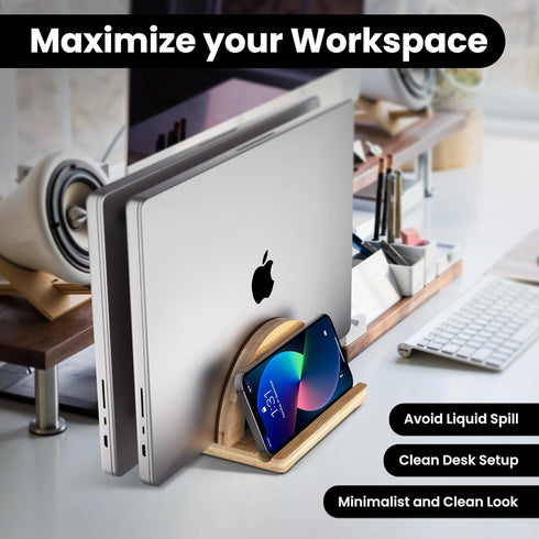 Premium Wood Vertical Laptop Stand, Adjustable Dual Slot Bamboo Holder for MacBook, Dell, HP, Space-Saving Desktop