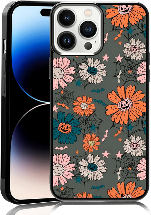 Vintage Pumpkins Head Flower iPhone 14 Pro Max Case - TPU Shockproof, Spooky Halloween Spider Web Cover for All!