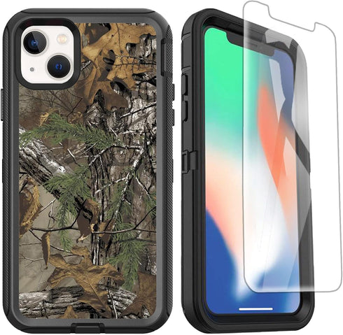 Compatible iPhone 14 Case, iPhone 13 Shockproof Heavy Duty Protective Case with Screen Protector, Camouflage