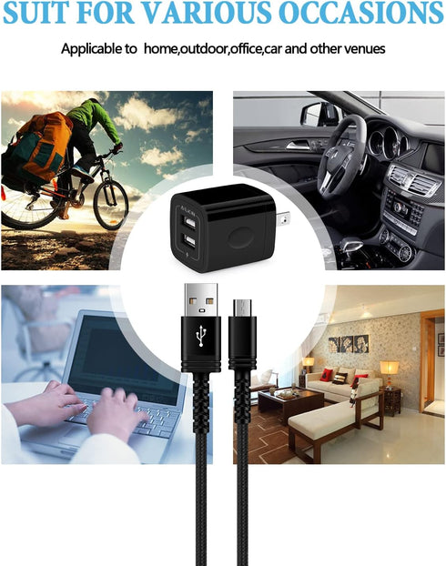 Dual USB Wall Charger with 6FT Fast Charging Cable for Kindle Fire HD, Samsung J8/J7 Pro, and more. Micro USB