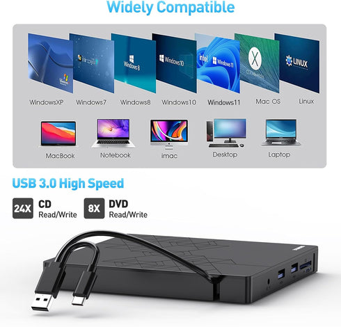 External CD DVD Drive, USB 3.0 CD Burner with 2 USB Ports and 2 TF/SD Card Slots, Optical Disk Drive for Laptop Mac, PC