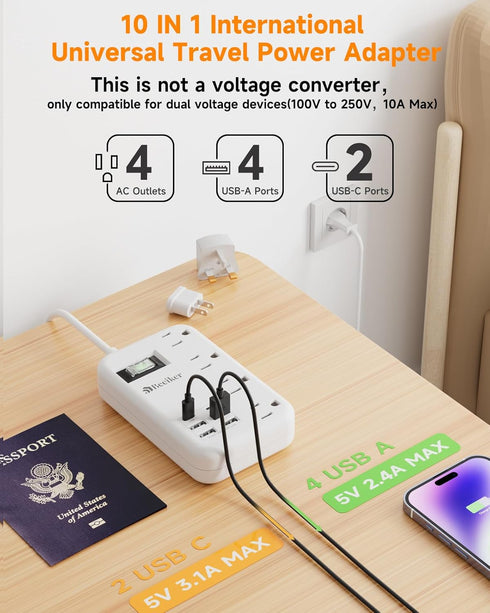 European Travel Plug Adapter, US to Europe Travel Power Strip with 6 USB (2 USB C) 4 Outlets, 3ft Extension Cord