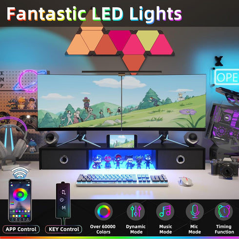 2 2 YAOHUOO Dual Monitor Stand with LED Light Drawers, Computer Monitor Riser for Monitors, Large Desktop Organzier