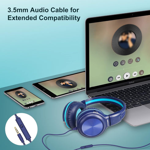 SIMOLIO Wired Headphones for Kids, Safe Volume 85dB/94dB/104dB, Over-Ear Headset with Microphone & Shareport, Blue