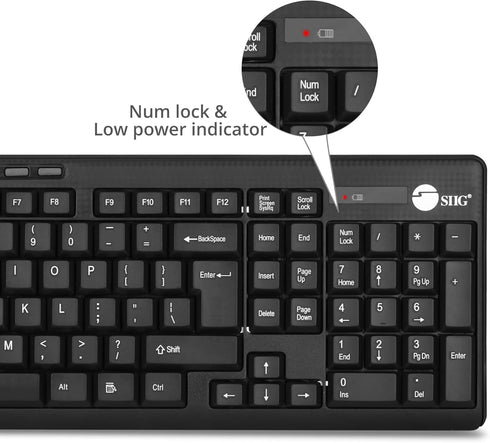SIIG Jk-WR0T12-S1 Standard Size 102Key Wireless Keyboard with 3Button Wireless Optical Mouse in Black